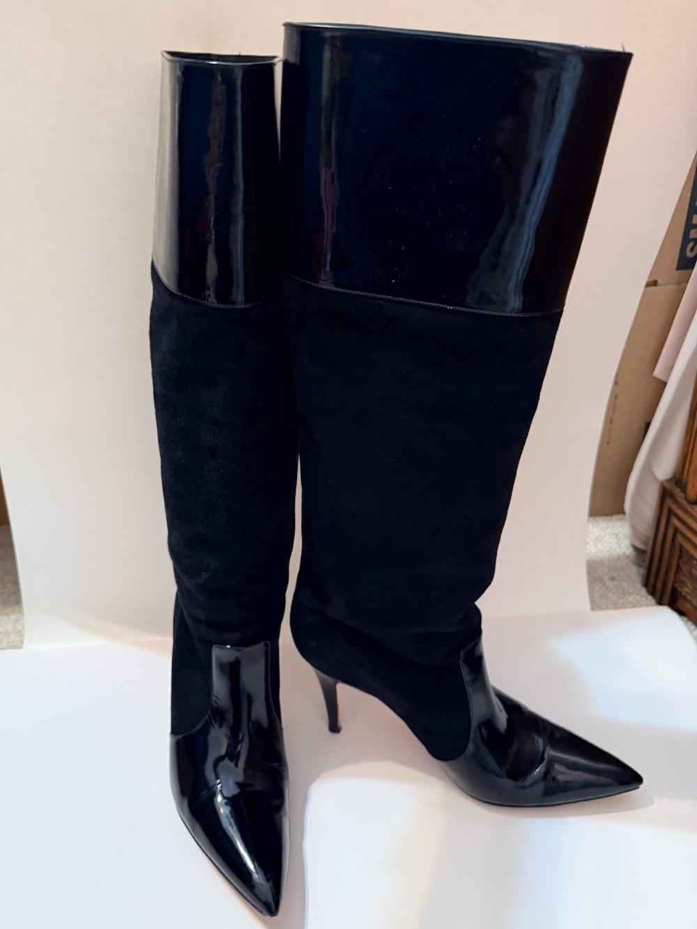 kate spade Black Patent & Suede Over-the-Knee Pointed-Toe Stiletto Boots